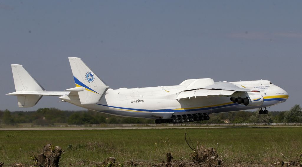 The world's largest airplane, Ukrainian Antonov An-225 Mriya takes off at the  airport  near Hostomel near Kiev , Ukraine, Tuesday, May 10, 2016. The An-225 departed its home base at  Hostomel and flew to Prague, Czech Republic, where it will be loaded with the massive 130-tonne generator and will fly onto Perth, Australia.  (AP Photo/Sergei Chuzavkov)