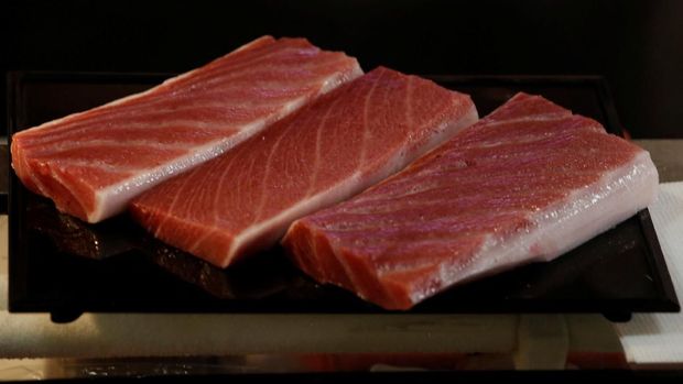 Meat from a 278kg bluefin tuna, priced with a 333,600,000 yen bid at the Toyosu fish market's first tuna auction this year is pictured at Sushi Zanmai restaurant in Tokyo, Japan, January 5, 2019. REUTERS/Kim Kyung-Hoon