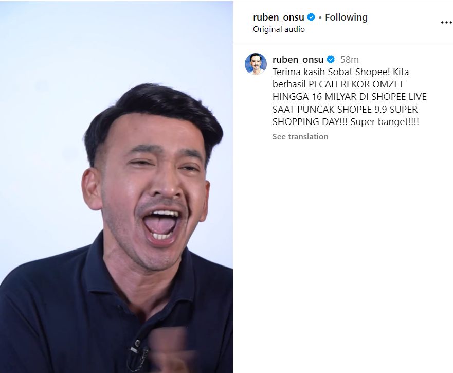 Rekor Shopee Live! Ruben Onsu Raup Omzet Rp16 M di Shopee 9.9