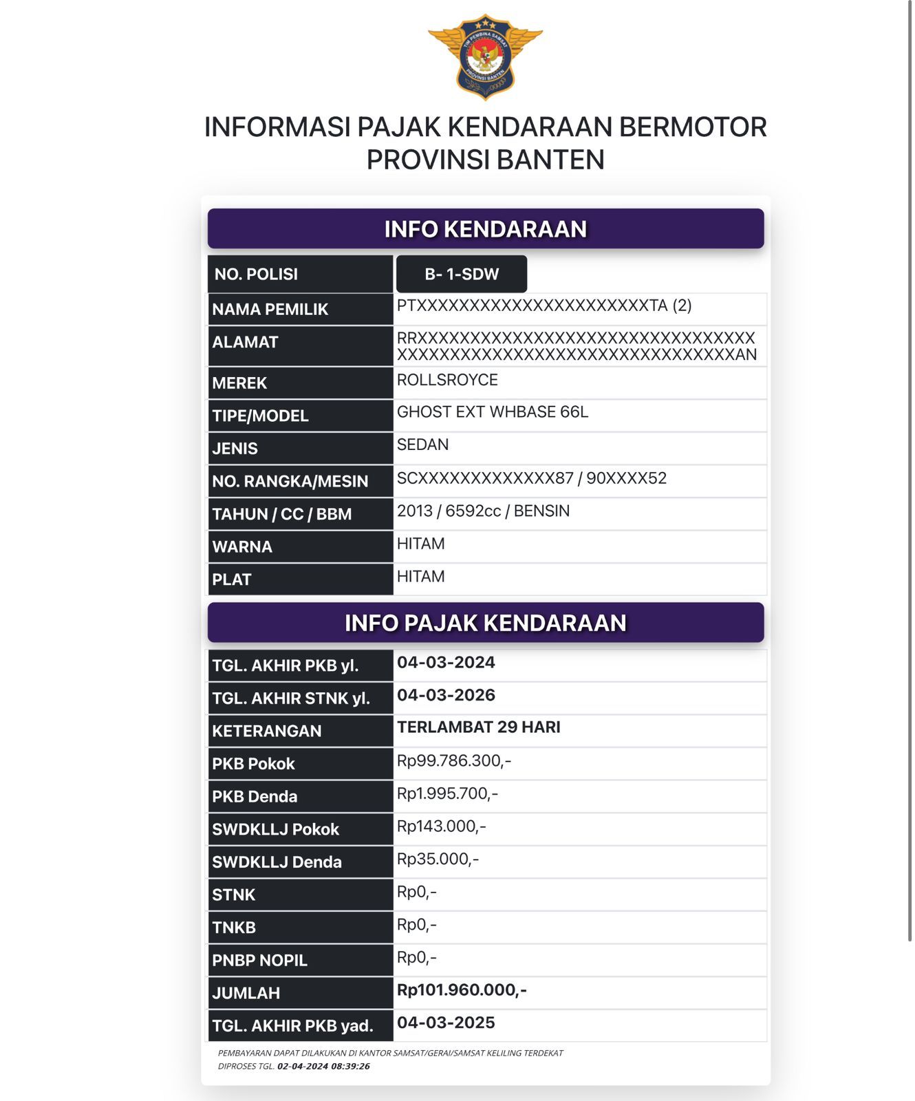 Pajak kendaraan mobil Rolls Royce Sandra Dewi yang dikasih suami. (Dok. Istimewa)